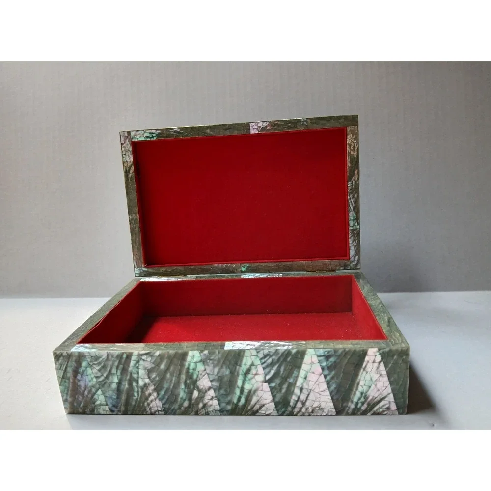Vintage Iridescent Crackled Abalone‎ Mosaic Humpback Jewelry Box w/red Interior